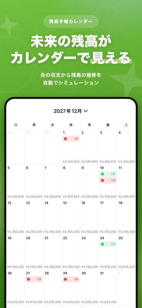 未来の残高がカレンダーで見える画面